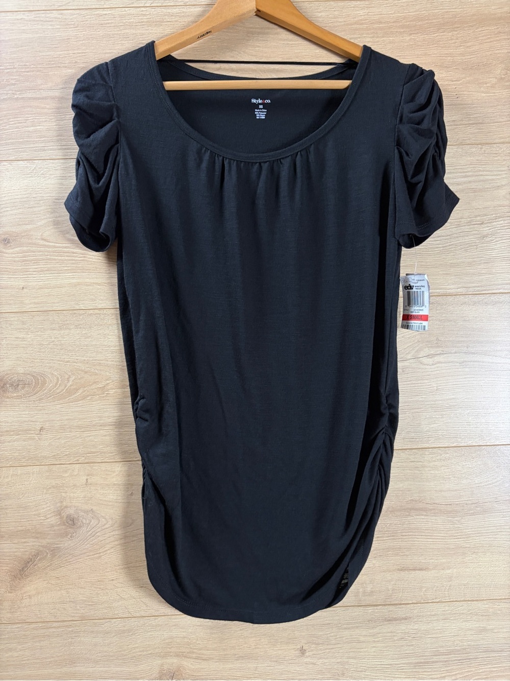 Style & Co. Black Ruched Short Sleeve Tee XS